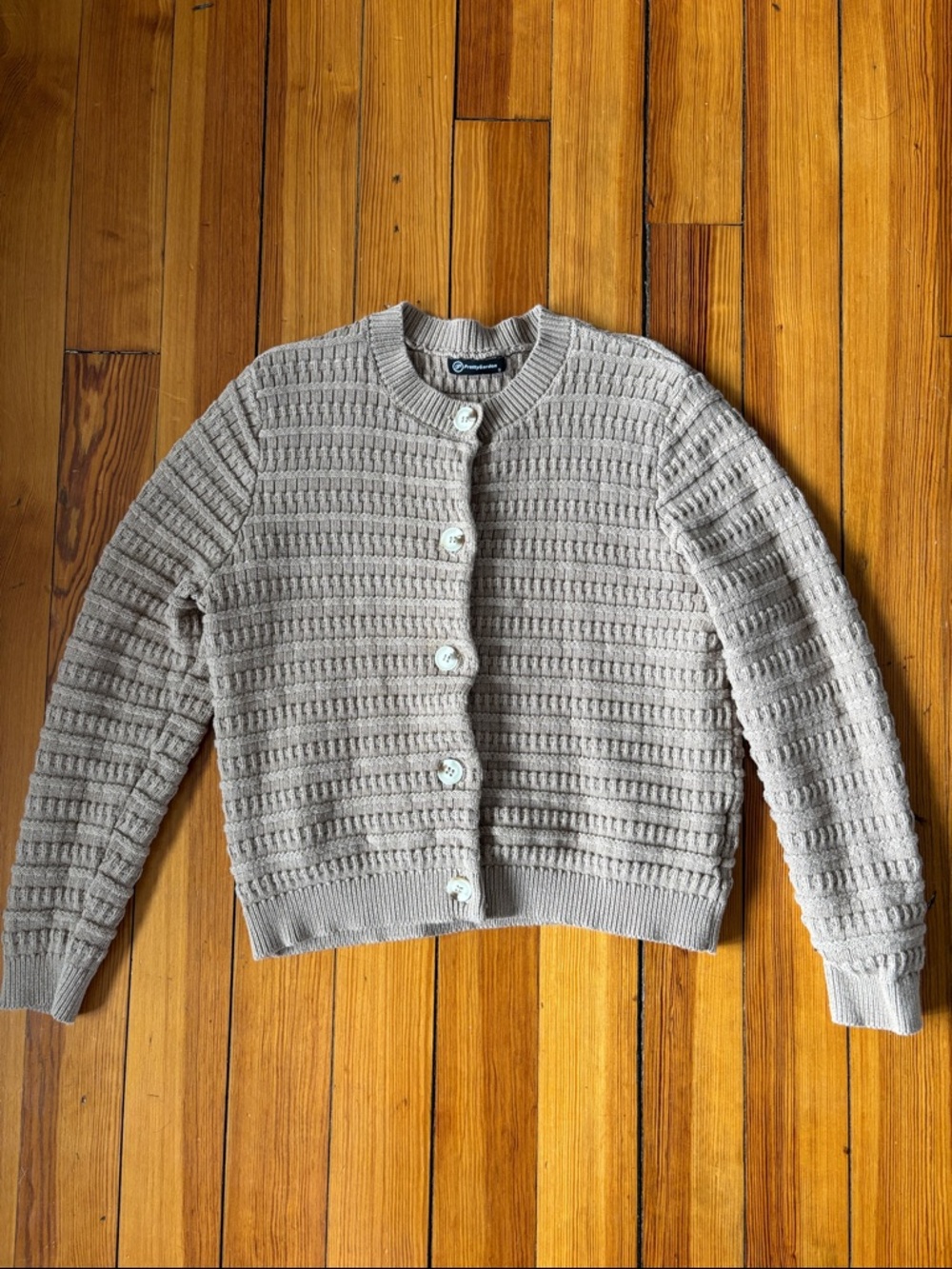 100% Cotton Textured Crewneck Cardigan in Light Taupe